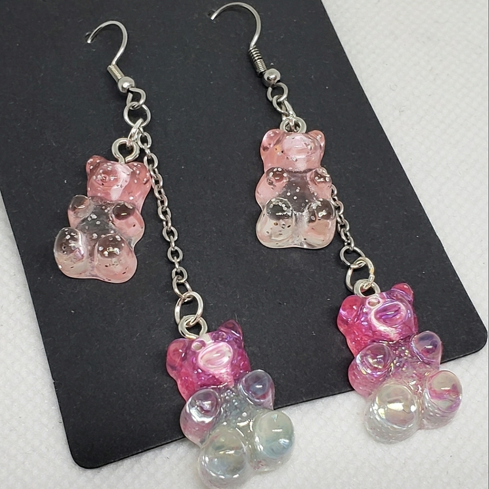 Handmade Ombre Gradient Glitter Gummy Bear Dangle Chain Earrings